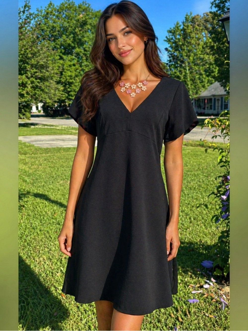 Betsey Johnson Black V-Neck Midi Dress with Cherry print lining through out